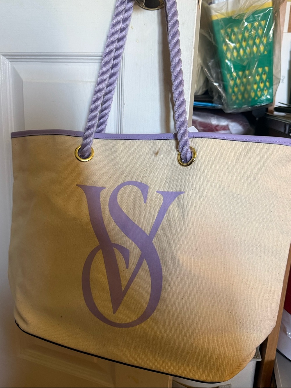 Victoria's Secret Cream Tote with Lavender Monogram & Rope Handles